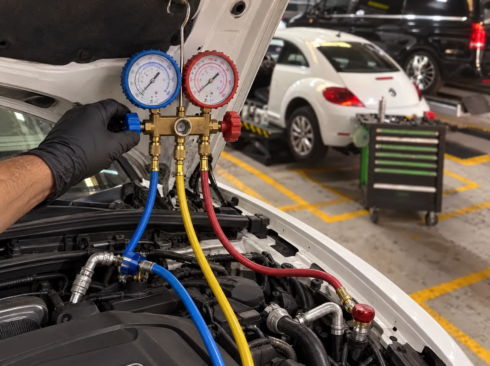 Manómetros de aire acondicionado conectados al motor de un coche en el taller Dautos Car de Marbella